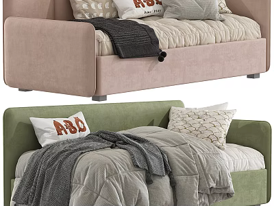 Stylish Pink And Green Sofa Bed Interior With Decorative Pillows And Soft Blankets 3d model