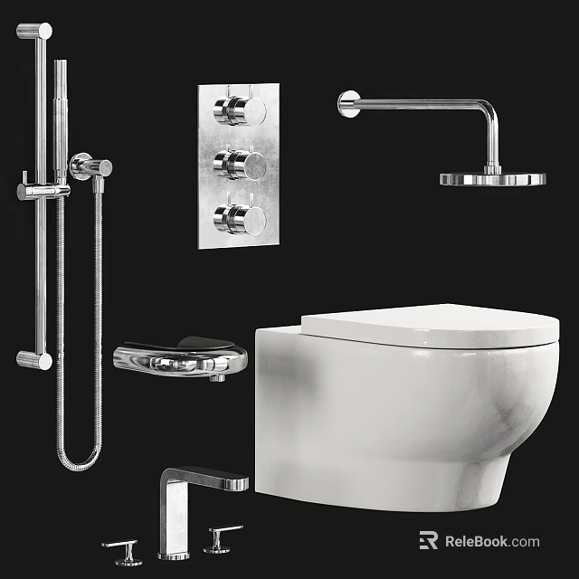 Contemporary Bathroom Suite With Toilet Shower Fixtures Chrome Faucet And Accessories 3d model 