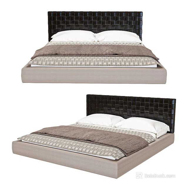 Modern Double Bed With Tufted Woven Headboard And Neutral Linen Bedding Set 3d model 