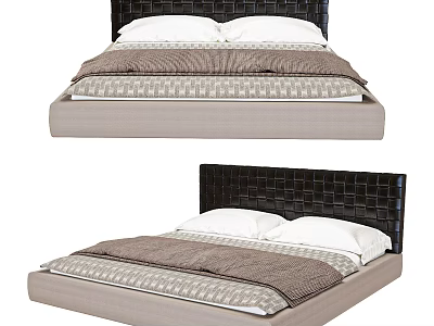 Modern Double Bed With Tufted Woven Headboard And Neutral Linen Bedding Set 3d model