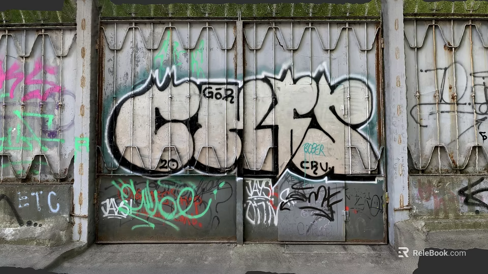 Urban Grille Fence Adorned with Colorful Graffiti and Spray Paint Art 3d model 