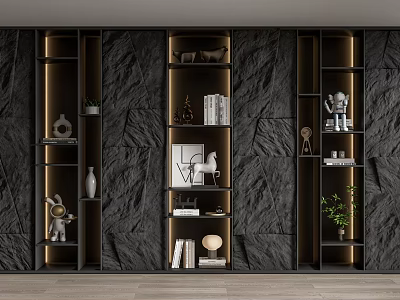 Modern Luxury Black Bookcase With Lighting Stone Texture Wall Books Ornaments And Green Plants 3d model