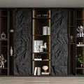 Modern Luxury Black Bookcase With Lighting Stone Texture Wall Books Ornaments And Green Plants