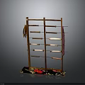Wooden Hanging Rack With Multiple Horizontal Rods And Colorful Patterned Cloth Base