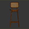 Warm Brown Wooden Bar Stool with Woven Rattan Backrest and Decorative Carved Legs