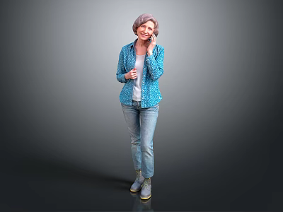 Woman Talking On Phone With Blue Polka Dot Coat White Top Blue Jeans Green Shoes 3d model