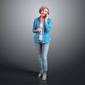 Woman Talking On Phone With Blue Polka Dot Coat White Top Blue Jeans Green Shoes