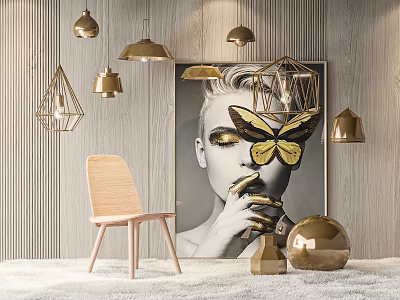 Modern Wooden Leisure Chair Interior With Gold Pendant Lights Decorative Painting And White Carpet 3d model