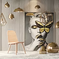 Modern Wooden Leisure Chair Interior With Gold Pendant Lights Decorative Painting And White Carpet