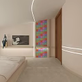 Hotel Room Interior With White Bed TV Wooden Wardrobe And Colorful Wall Decor