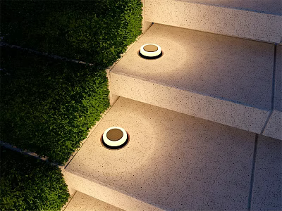 Modern Outdoor Recessed Wall Light Design Illuminating Garden Steps with Green Shrubs 3d model