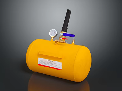 Yellow Gas Cylinder with Pressure Gauge Black Nozzle and Blue Valve 3d model