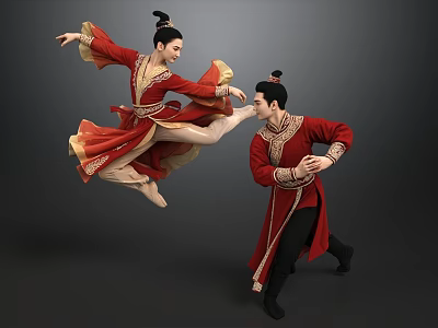 Two Dancers Performing Traditional Chinese Dance In Red Costumes With Dynamic Moves 3d model