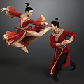Two Dancers Performing Traditional Chinese Dance In Red Costumes With Dynamic Moves