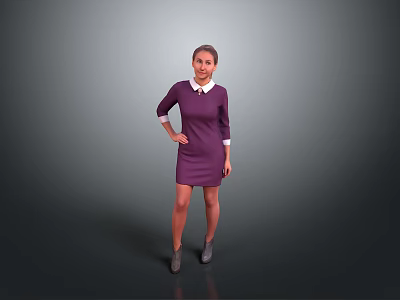Woman In Purple Dress With White Collar Standing Hands On Hips Against Gray Background 3d model