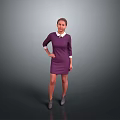 Woman In Purple Dress With White Collar Standing Hands On Hips Against Gray Background