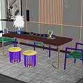 Modern Tea Table and Chairs With Tea Sets Decorations And Round Stools On Rug 3d model