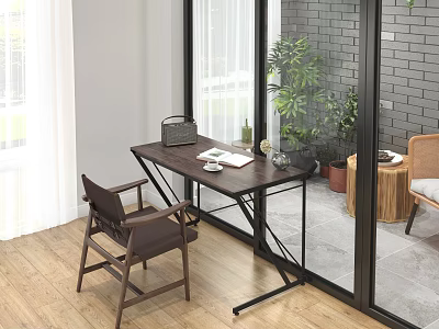 Modern Office Desk With Leather Briefcase Cup Papers And Plants Near Window 3d model