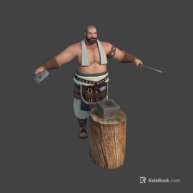 Muscular Blacksmith In Apron With Arm Bracers Holding Hammer Knife Next To Wooden Stump Anvil 3d model 