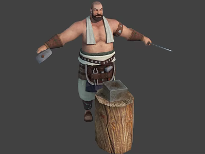 Muscular Blacksmith In Apron With Arm Bracers Holding Hammer Knife Next To Wooden Stump Anvil 3d model