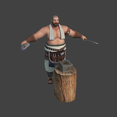 Muscular Blacksmith In Apron With Arm Bracers Holding Hammer Knife Next To Wooden Stump Anvil 3d model