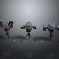 Three Futuristic Mechanical Robots With Tripod Legs And Tech Equipment Design 3d model