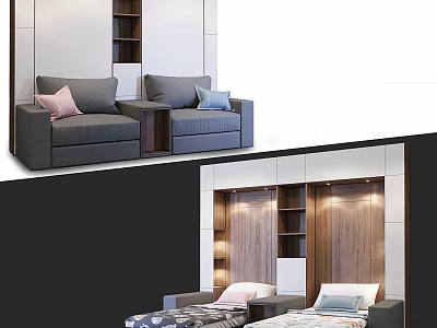 Gray Double Sofa With Soft Cushions And Built In Wooden Shelves 3d model