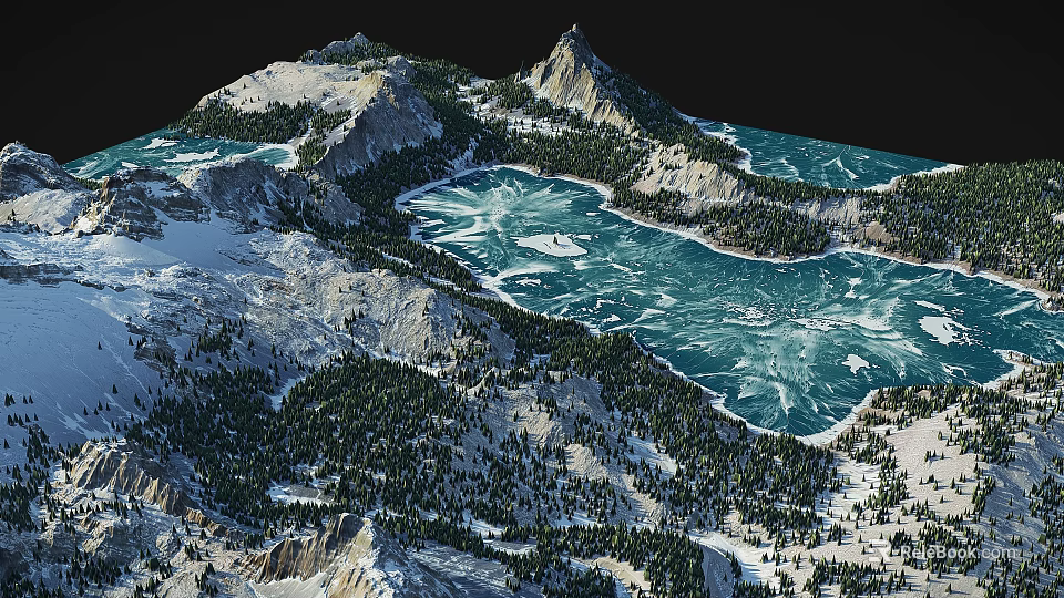 Aerial View Of Breathtaking Mountain Landscape With Snowy Peaks And Crystal Clear Icy Lake 3d model 