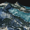 Aerial View Of Breathtaking Mountain Landscape With Snowy Peaks And Crystal Clear Icy Lake
