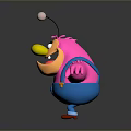 Playful Game Movie Character With Pink Body Yellow Face Antennae And Blue Overalls Outstretched Arms