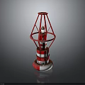 Red And White Lighthouse Model With Metal Frame And Round Base On Dark Reflective Surface