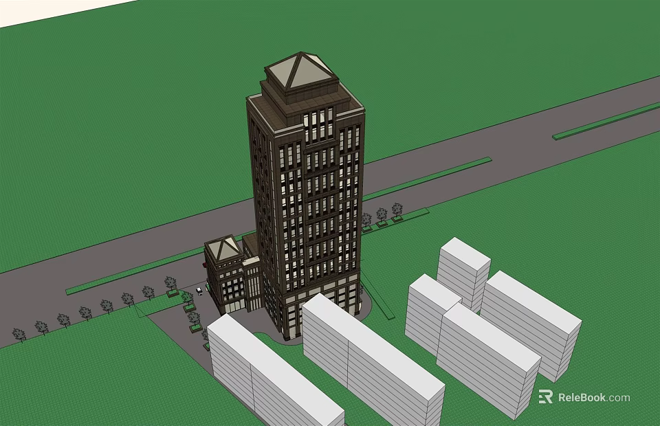 Tall Urban Building With White Surrounding Buildings And Green Background Road 3d model 