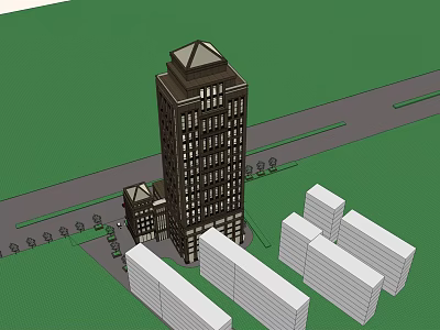 Tall Urban Building With White Surrounding Buildings And Green Background Road 3d model