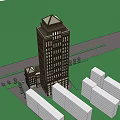 Tall Urban Building With White Surrounding Buildings And Green Background Road