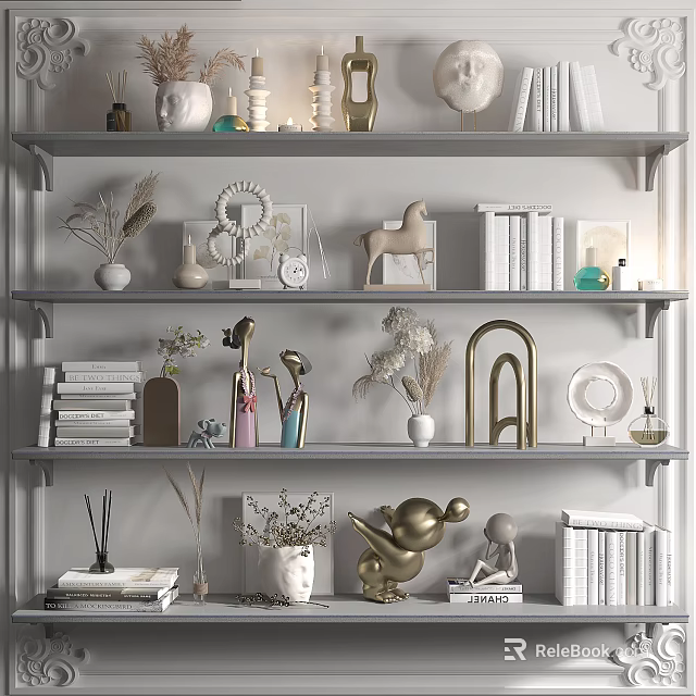 Stylish Decorative Ornaments Set for Shelf Display with Vases Sculptures Photo Frames and Dried Flowers 3d model 
