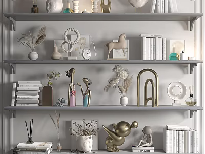 Stylish Decorative Ornaments Set for Shelf Display with Vases Sculptures Photo Frames and Dried Flowers 3d model