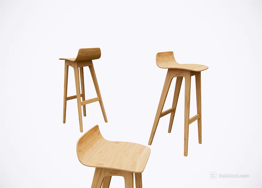 Modern Wooden Bar Stools With High Back Design And Sleek Leg Structure 3d model