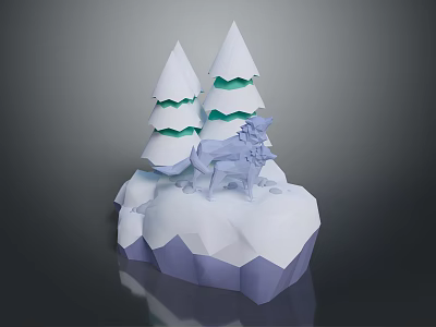 Low Poly Cartoon Scene With Snowy Pine Trees And Wolf On Snowy Mountain 3d model