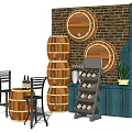 Rustic Bar Counter Setup With Stacked Wooden Barrels Brick Wall Stools And Wine Rack