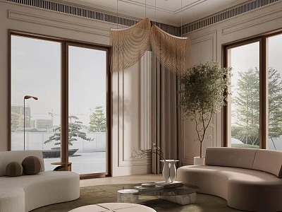 Modern Living Room Interior With Beige Sofas Floor to Ceiling Windows and Indoor Tree 3d model