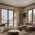 Modern Living Room Interior With Beige Sofas Floor to Ceiling Windows and Indoor Tree