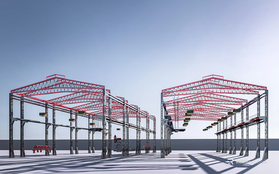 Industrial Factory Building Featuring Red Steel Frame Structure And Cranes In Spacious Area 3d model 