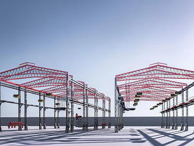 Industrial Factory Building Featuring Red Steel Frame Structure And Cranes In Spacious Area 3d model