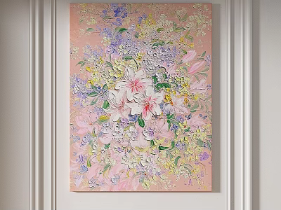 Vibrant Floral Oil Painting With Pink White Purple And Yellow Flowers On Soft Background 3d model