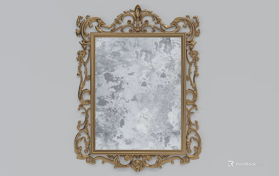 Classic Ornate Golden Picture Frame With Intricate Carvings And Mirror Surface 3d model 