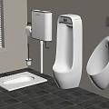 Modern White Ceramic Wall Mounted Urinals In Bathroom With Dark Tiled Floor And Cleaning Brush