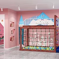 Fashion Store with Pink Walls Multiple Shelves Round Display Tables Hanging Lights and White Cabinets