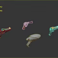 Various Sci Fi Guns Featuring Colorful Designs And Reflective Surfaces On 3d model