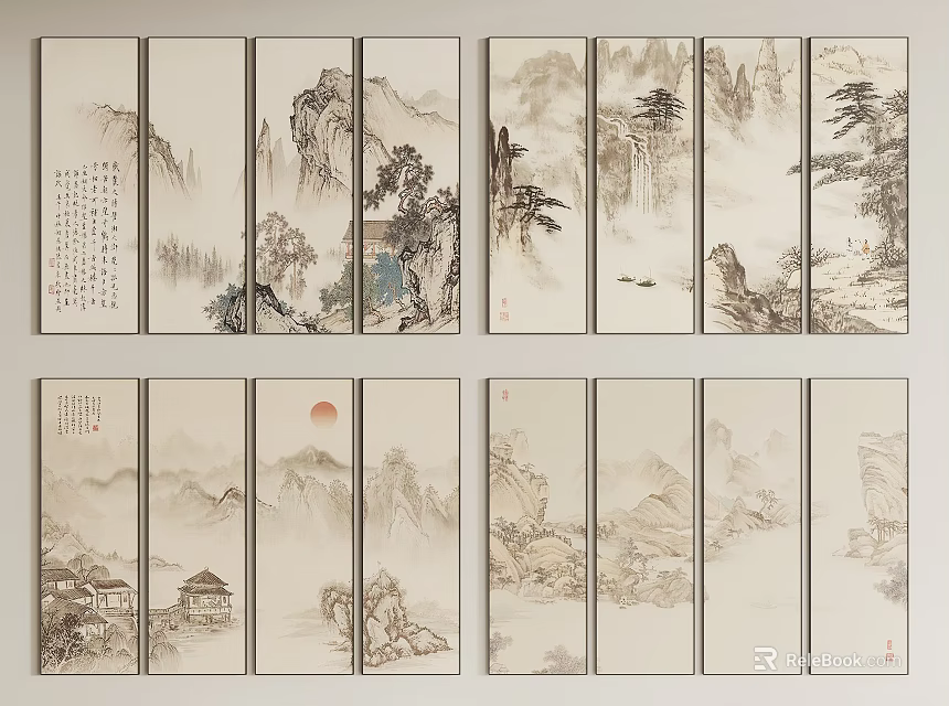 Traditional Chinese Landscape Screen Paintings With Mountains Rivers Architecture And Sun 3d model 