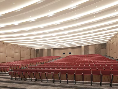 Modern Conference Room With Stepped Red Seats Wooden Walls And Ceiling Lighting 3d model